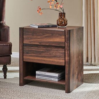 Modern 2-Drawer Nightstand with Charging Station, Open Shelf, Rounded End Table for Living Room