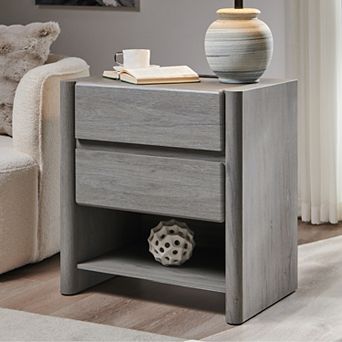 Modern 2-Drawer Nightstand with Charging Station, Open Shelf, Rounded End Table for Living Room