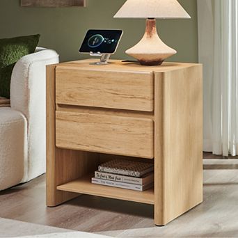 Modern 2-Drawer Nightstand with Charging Station, Open Shelf, Rounded End Table for Living Room