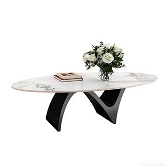 51" Modern Oval Coffee Table with White Marble-Pattern Sintered Stone Top