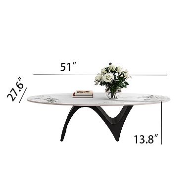 51" Modern Oval Coffee Table with White Marble-Pattern Sintered Stone Top