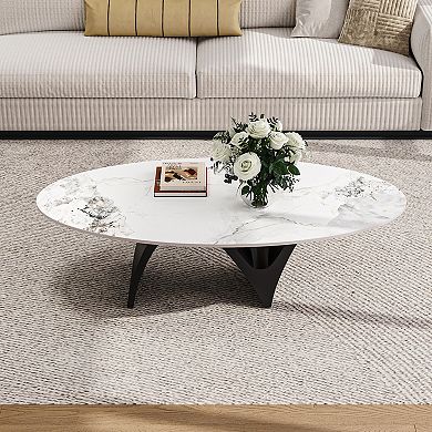 51" Modern Oval Coffee Table with White Marble-Pattern Sintered Stone Top