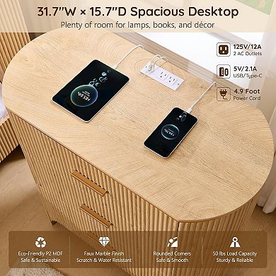 Fluted Nightstand with Charging Station, 3-Drawer Bedside Table for Bedroom Living Room