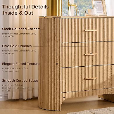 Fluted Nightstand with Charging Station, 3-Drawer Bedside Table for Bedroom Living Room
