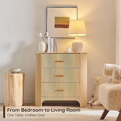 Fluted Nightstand with Charging Station, 3-Drawer Bedside Table for Bedroom Living Room