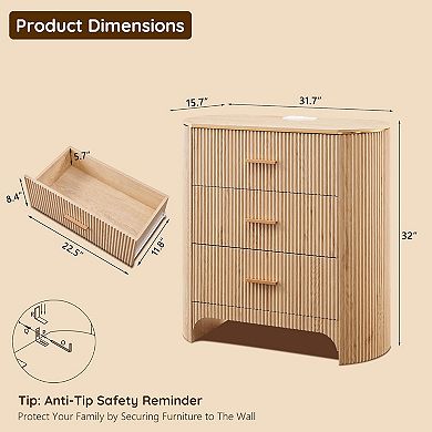 Fluted Nightstand with Charging Station, 3-Drawer Bedside Table for Bedroom Living Room