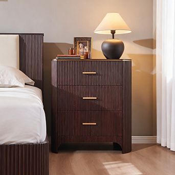 Fluted Nightstand with Charging Station, 3-Drawer Bedside Table for Bedroom Living Room