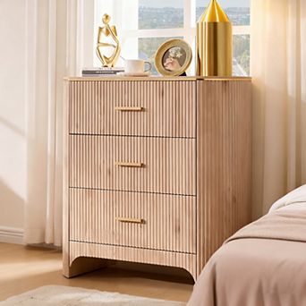 Fluted Nightstand with Charging Station, 3-Drawer Bedside Table for Bedroom Living Room