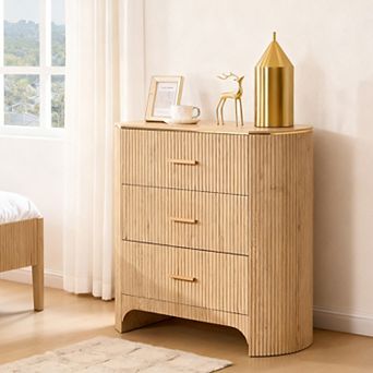 Fluted Nightstand with Charging Station, 3-Drawer Bedside Table for Bedroom Living Room