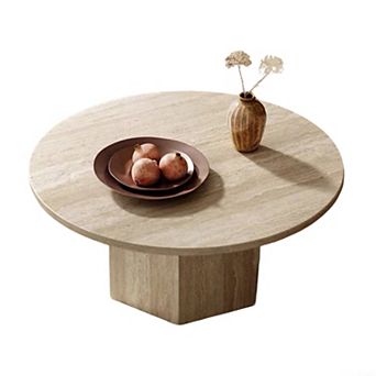 35.4'' Round Coffee Table for Living Room, Modern Coffee Table with Beige Travertine Sintered Stone