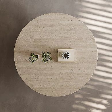 35.4'' Round Coffee Table for Living Room, Modern Coffee Table with Beige Travertine Sintered Stone