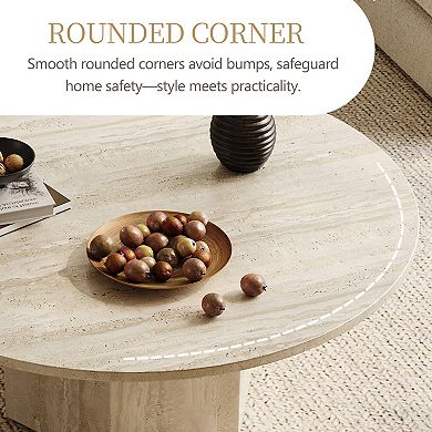 35.4'' Round Coffee Table for Living Room, Modern Coffee Table with Beige Travertine Sintered Stone