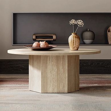35.4'' Round Coffee Table for Living Room, Modern Coffee Table with Beige Travertine Sintered Stone