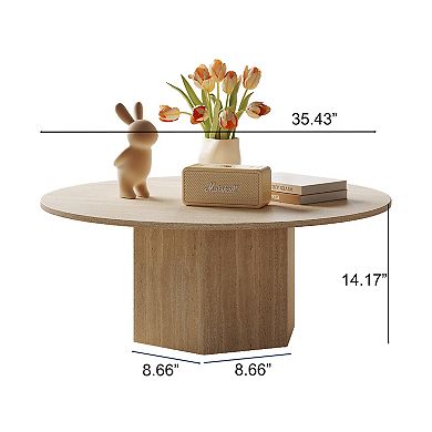 35.4'' Round Coffee Table for Living Room, Modern Coffee Table with Beige Travertine Sintered Stone