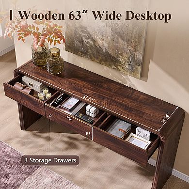 63" Modern Console Table with Storage, Curved Entryway Table with 3 Drawers for Hallway, Living Room