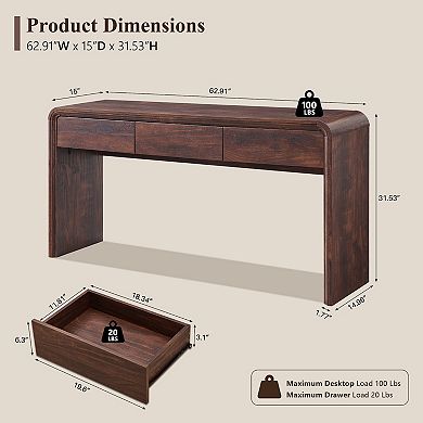 63" Modern Console Table with Storage, Curved Entryway Table with 3 Drawers for Hallway, Living Room