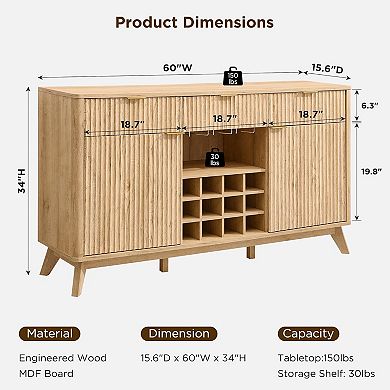 60" Buffet Cabinet with Drawers & Adjustable Shelves, Fluted Wine Bar Sideboard with 12-Bottle Rack