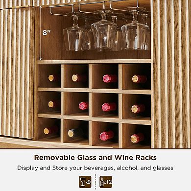 60" Buffet Cabinet with Drawers & Adjustable Shelves, Fluted Wine Bar Sideboard with 12-Bottle Rack