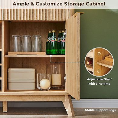 60" Buffet Cabinet with Drawers & Adjustable Shelves, Fluted Wine Bar Sideboard with 12-Bottle Rack