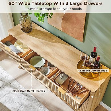 60" Buffet Cabinet with Drawers & Adjustable Shelves, Fluted Wine Bar Sideboard with 12-Bottle Rack