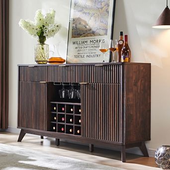 60" Buffet Cabinet with Drawers & Adjustable Shelves, Fluted Wine Bar Sideboard with 12-Bottle Rack