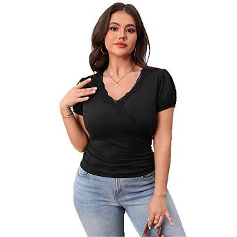 Women's Plus Size Lace Trim Shirt Tops Short Sleeve Solid Color Summer Slim Fit T-shirt