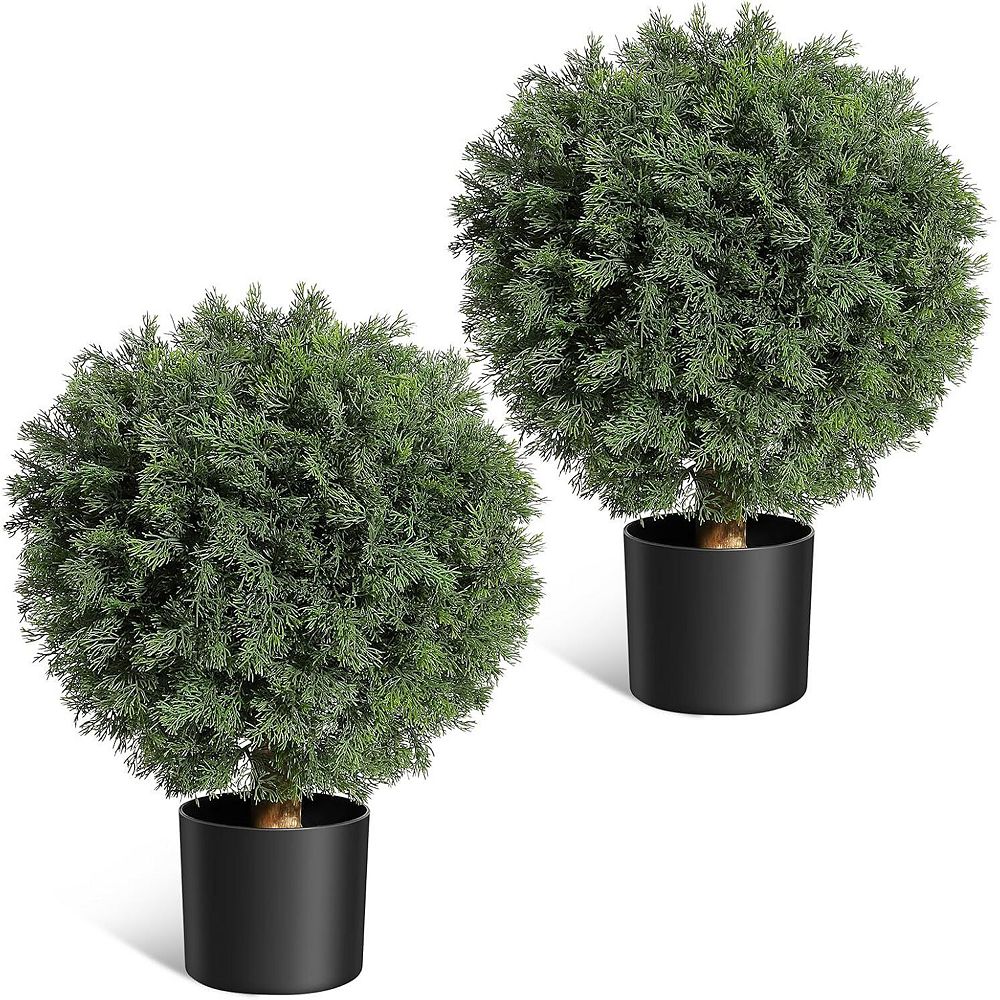 2 Pack Artificial Cedar Topiary Ball Trees with Pot for Front Porch ...