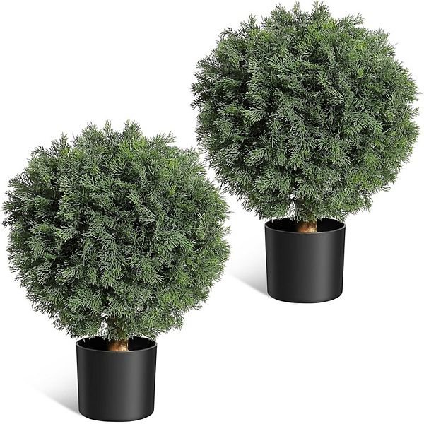 2 Pack Artificial Cedar Topiary Ball Trees with Pot for Front Porch ...