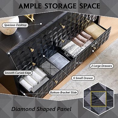 Mid-Century Modern 8-Drawer Dresser with Diamond Embossed Design, Wide Storage Cabinet