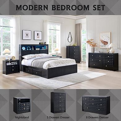 Mid-Century Modern 8-Drawer Dresser with Diamond Embossed Design, Wide Storage Cabinet