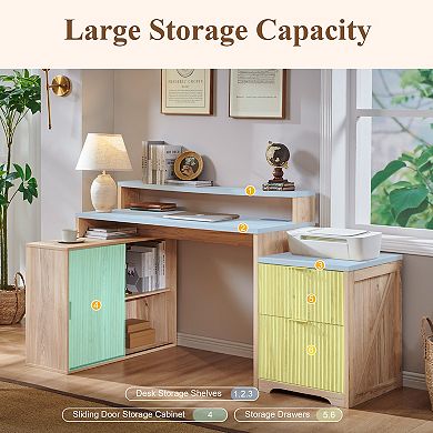 67" L-Shaped Executive Computer Desk, Modern Computer Desk with Storage Cabinet & Charging Station