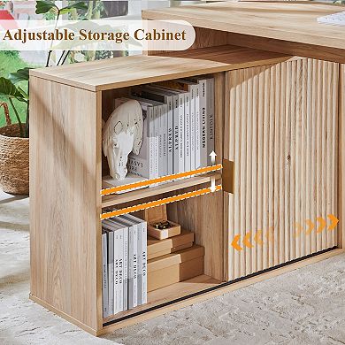 67" L-Shaped Executive Computer Desk, Modern Computer Desk with Storage Cabinet & Charging Station