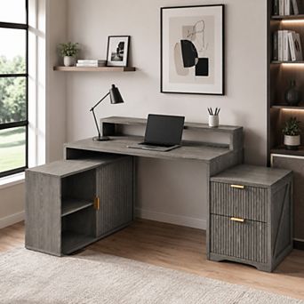 67" L-Shaped Executive Computer Desk, Modern Computer Desk with Storage Cabinet & Charging Station