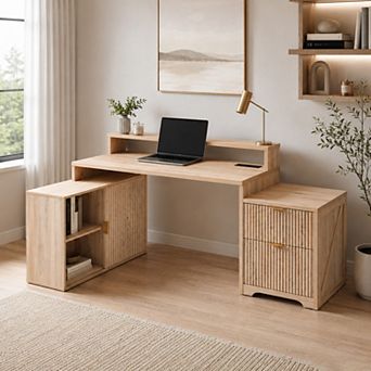 67" L-Shaped Executive Computer Desk, Modern Computer Desk with Storage Cabinet & Charging Station