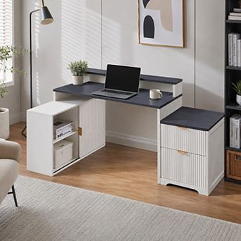 67" L-Shaped Executive Computer Desk, Modern Computer Desk with Storage Cabinet & Charging Station