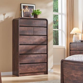 Modern 7-Drawer Dresser, 55" Tall Wood Storage Organizer w/Curved Profile, for Bedroom Living Room