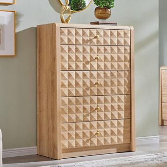 Mid-Century Modern 5-Drawer Dresser with Diamond Embossed Design, Wide Storage Cabinet
