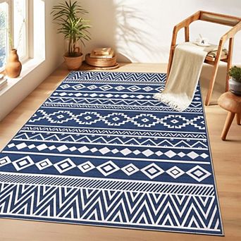 Boho Geometric Large Washable Area Rug, Non-Slip Indoor Floor Carpet for Living Room Bedroom Home