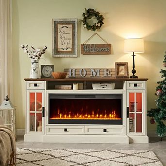 Farmhouse 70" TV Stand with 42" Electric Fireplace, Media Console with Storage Drawers & Cabinets