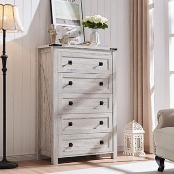 Farmhouse 5 Drawer Dresser, 48" Tall Rustic Wood Chest of Drawers for Bedroom Living Room Storage