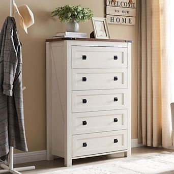 Farmhouse 5 Drawer Dresser, 48" Tall Rustic Wood Chest of Drawers for Bedroom Living Room Storage