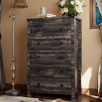 Farmhouse 5 Drawer Dresser, 48" Tall Rustic Wood Chest of Drawers for Bedroom Living Room Storage