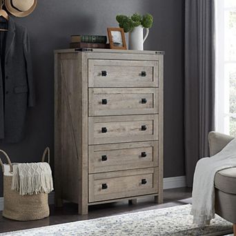 Farmhouse 5 Drawer Dresser, 48" Tall Rustic Wood Chest of Drawers for Bedroom Living Room Storage