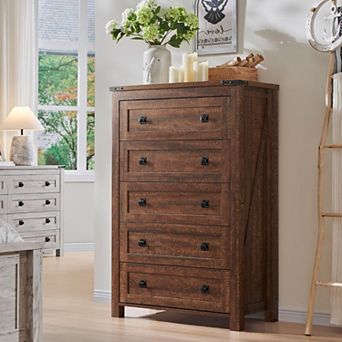 Farmhouse 5 Drawer Dresser, 48" Tall Rustic Wood Chest of Drawers for Bedroom Living Room Storage
