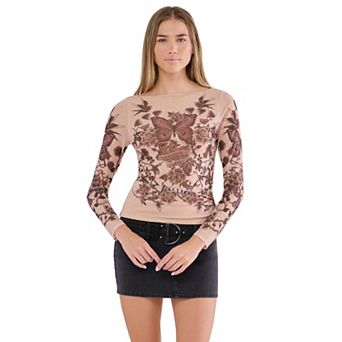Juniors' madden girl Long Sleeve Boatneck Print Tee