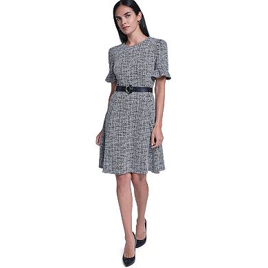 Women's Andrew Marc Ruffle Short Sleeve Dress with Black Belt