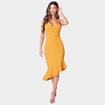 Women's bebe Cross Over Flounce Midi Dress