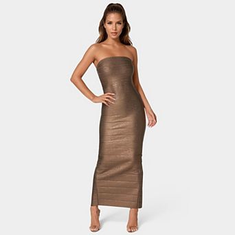 Women's bebe Long Strapless Bandage Sheath Dress