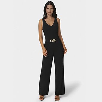 Women's bebe Scuba Crepe V-Neck Belted Jumpsuit