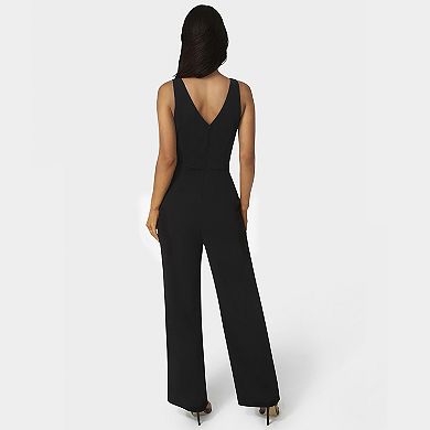 Women's bebe Scuba Crepe V-Neck Belted Jumpsuit